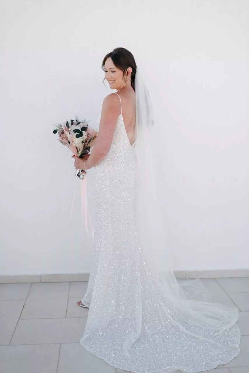 Back image of Rachel Ash bride in Santorini